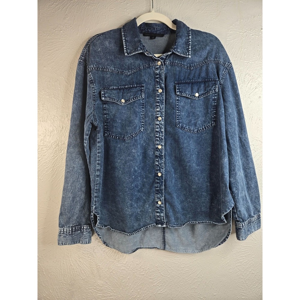 Jane Delancey Pearl Snap Denim Shirt L Blue Acid Wash Cotton Top Western Cowgirl